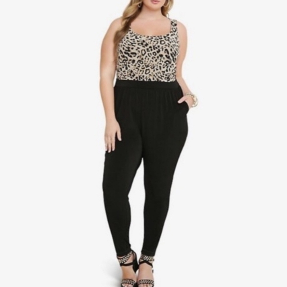 Torrid Animal Cheetah Print Black & Tan Sleeveless Pant Jumpsuit w Pocke…